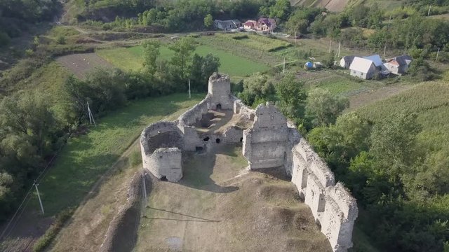 Aerial view to ancient castle in Sidorov, Ternopil region, Ukraine