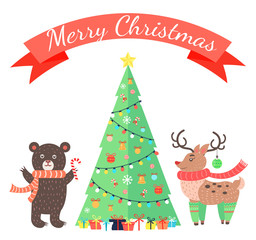 Merry Christmas Greetings Cartoon Bear and Deer