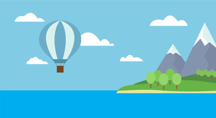 View of balloon flying over the island with mountains in the sea with blue sky and clouds