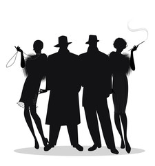 Silhouettes of two men and two flapper girls 20s style isolated on white background. Roaring twenties - obrazy, fototapety, plakaty