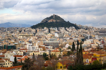 Greece, Athens city partial view with Lycabettus hill in the background.
