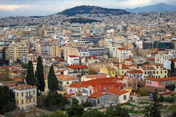 Fototapeta na wymiar Athens city partial view with Plaka neighborhood in the foreground.