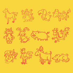 12 Animals of Chinese Calendar. Cartoon style.