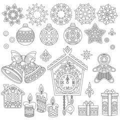 Christmas doodles. Coloring book. Coloring page. Collection of holiday decorations and ornaments for 2018 Happy New Year greeting card. Freehand sketch drawing with zentangle elements.