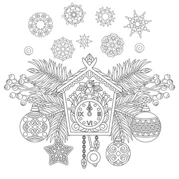 Christmas coloring page. Holiday hanging decorations and fir tree branches around wall cuckoo clock. Freehand sketch drawing for 2018 Happy New Year greeting card or adult antistress coloring book.