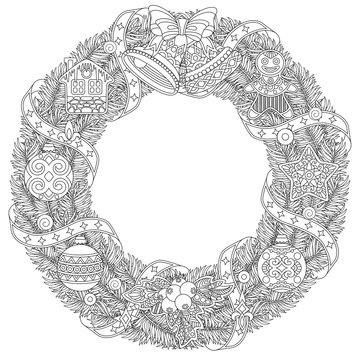 Christmas door wreath. Coloring page with holiday ornaments and decorations. Freehand sketch drawing for 2018 Happy New Year greeting card or adult antistress coloring book.