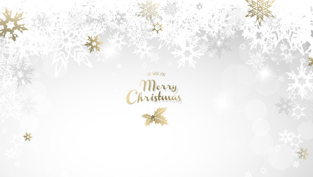 Merry Christmas with many snowflakes on light silver background.