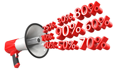 3d rendering of red megaphone with percent symbols, isolated on white background. 3d illustration of the concept of discounts and sales.
