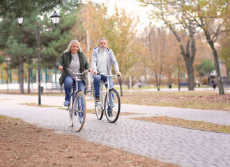 Senior couple riding bicycles in park