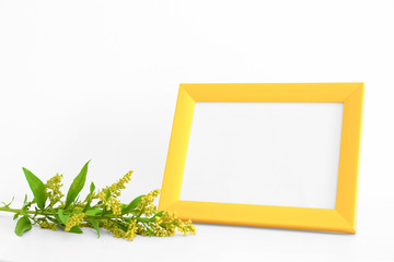 Empty yellow frame and flowers on white background