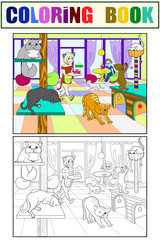 Beautiful interior of modern cat cafe for people cartoon vector illustration
