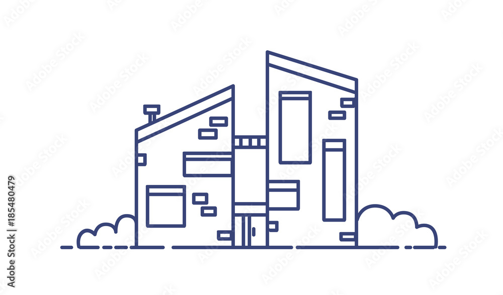 Poster brick house built using ecological materials. modern city building drawn with blue contour lines on 