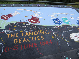Omaha Beach, Normandy, France. Map of the landing Beaches of the Allied invasion of German-occupied France in the Normandy landings on 1944, during World War II. - obrazy, fototapety, plakaty