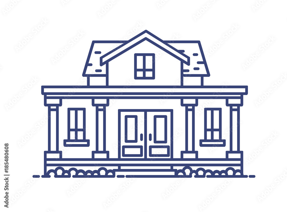 Poster two-story residential house with porch and columns built in classic architectural style. elegant bui