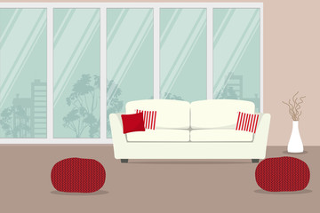 White sofa with red pillows on a window background. There are also red knitted chairs and a vase with decorative branches in the picture. Vector illustration