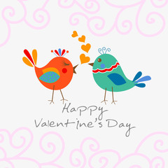 Two happy cute bird in love with the heart. Happy Valentine's day Card.