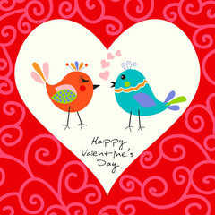 Two happy cute bird in love with the heart. Happy Valentine's day Card.