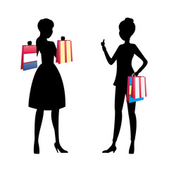 Fashion girls silhouette with shopping bags talking