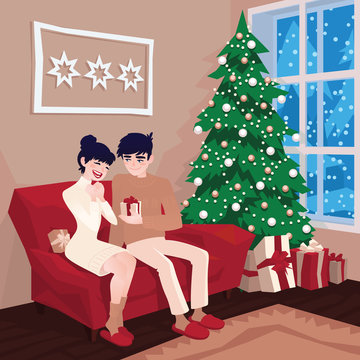 Young couple on sofa and cat in decorated guest room interior with a fireplace. Family celebration. Christmas tree, gifts. Cozy home holiday. Vector. Merry christmas.