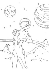 Female cosmonaut or astronaut dressed in space suit standing on surface of deserted planet and looking up. Girl in helmet drawn with black contour lines on white background. Vector illustration. © Good Studio