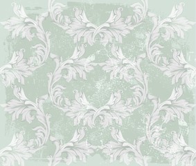 Baroque pattern on an old fabric background Vector. Vintage ornament decor textures in pastel green colors