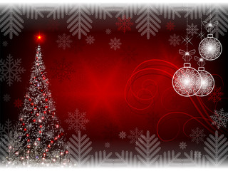 Christmas red dark background with Christmas tree and balls in retro style