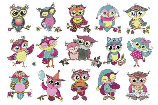 Set of 16 cute colorful cartoon owls