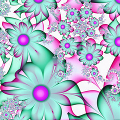 Flower patterns. Spring waltz of flowers. 3D surreal illustration. Sacred geometry. Mysterious psychedelic relaxation pattern. Fractal abstract texture. Digital artwork graphic astrology magic