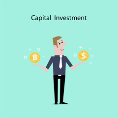 Businessman with US dollar and bitcoin sign.Dollar and Bitcoins exchange concept.Digital virtual electronic coins bitcoins concept.Capital investment sign.Bitcoin transaction.