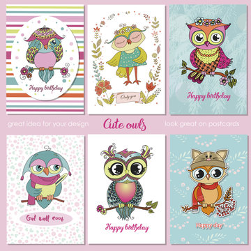 Set of 6 lovely postcards with cute owls.