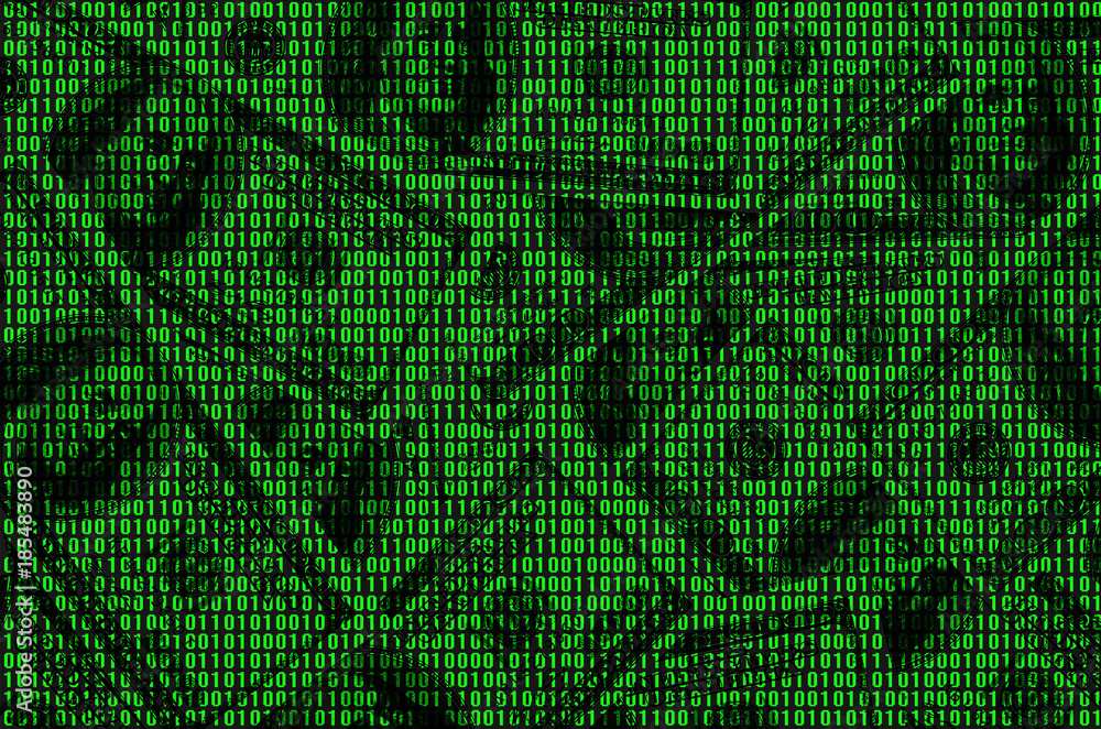 Aufkleber image of binary code from bright green numbers, through which you can see a lot of dollars
