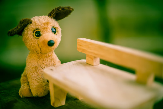 dog doll beside wooden bench with dramatic tone