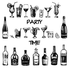 Set of hand drawn sketch style alcoholic drinks and bottles. Vector illustration isolated on white background. - 185484603