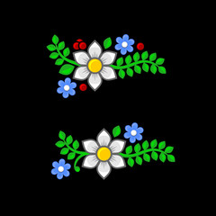 Flowers and Leaves Set on Black Background. Vector