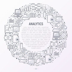 Analytics concept in circle with thin line icons: diagram, chart, statistics, pyramid, business analysis. Modern vector illustration for banner, web page, print media.
