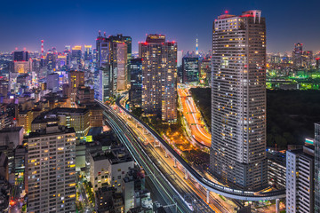 Naklejka premium Nocna linia horyzontu Tokio, Japonia