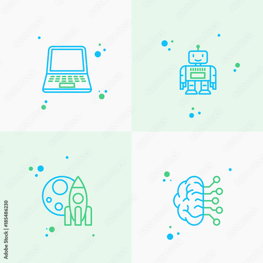 Poster technologies thin line icons set: laptop, rocket, robot, machine intelligence. vector illustration.
