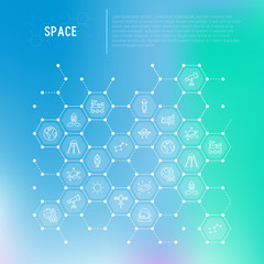 Space concept in honeycombs with thin line icons: rocket, Earth, lunar rover, space station, telescope, alien, meteorite. Modern vector illustration for banner, print media, web page.