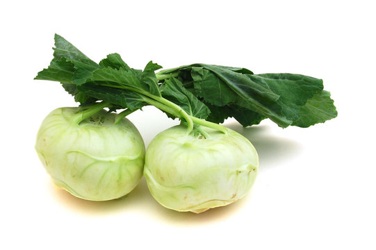 Two fresh ripe organic kohlrabi vegetable on white background also scientifically known as Brassica oleracea of gongylodes group