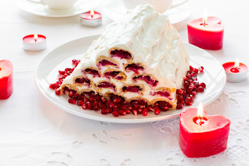 Russian Monastery Log House Cake (Monastyrskaya Izba) on white background. Selective focus