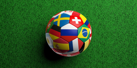 Plakat Football soccer ball with world flags on green grass background. 3d illustration