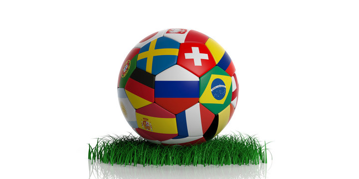 Football soccer ball with world flags on grass, isolated on white background. 3d illustration