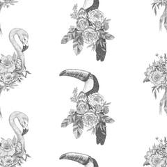 Seamless pattern. Vector drawing bird Flamingo, Tukan with blooming flowers. Tropical concept. flower concept. © valeriyabtsk