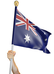 Hand holding the flag of Australia isolated on a white background, 3D rendering