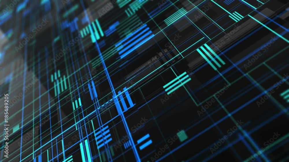 Poster abstract high tech digital technology background made of particles and metallic plates. 3d animation