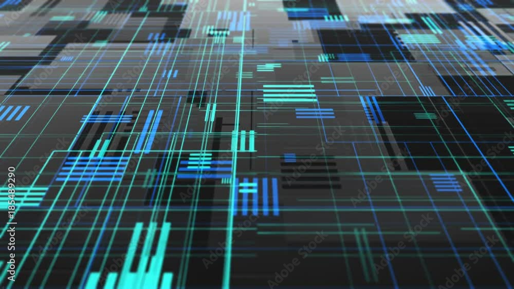 Poster abstract high tech digital technology background made of particles and metallic plates. 3d animation