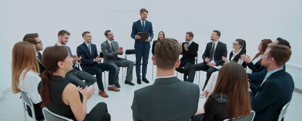 Presentation to the large number of people. Communication with e