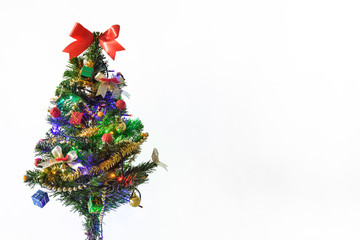 decorated christmas tree with light and gift on white background, happy new year concept