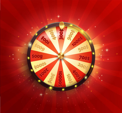 Symbol of spinning fortune wheel in realistic style. Shiny lucky roulette for your design on red glowing sunburst background. Vector illustration.