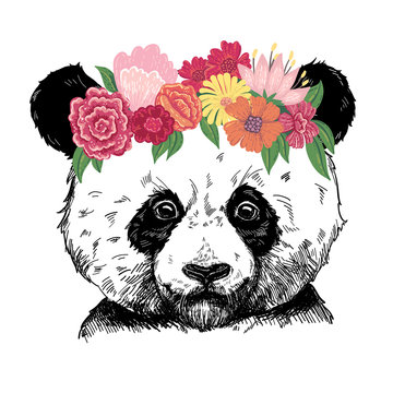 Vector illustration of a cute panda in a floral wreath. Hand drawn graphic, kid print.